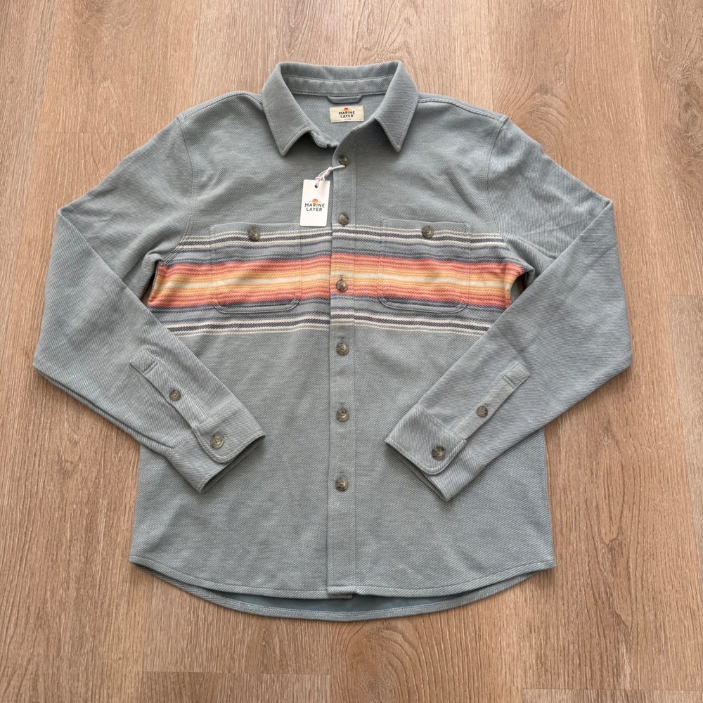 Marine Layer Pacifica Stretch Twill Shirt Mens Medium Blue Multi Stripe NWT - Picture 2 of 9